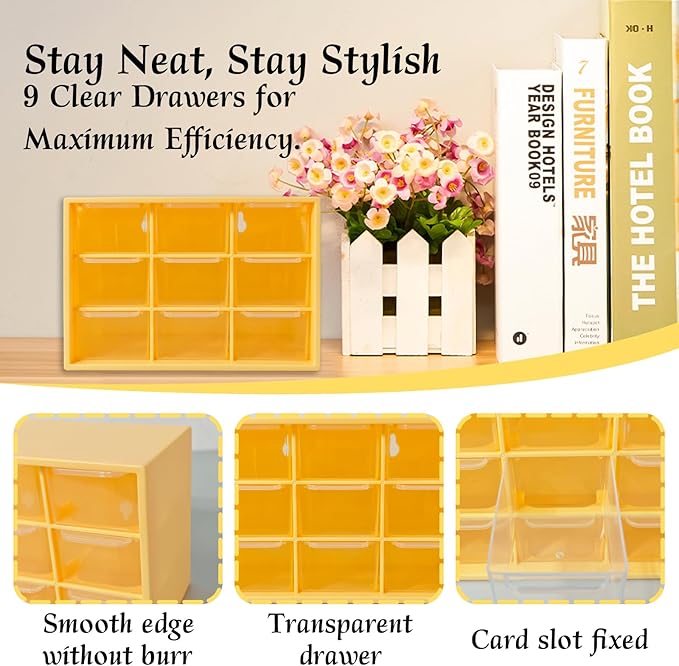 Small Drawer Organizer for Desk, 7.1" x 3.8" x 4.6" Mini Desktop Drawer Organizer with 9 Clear Drawers, Compact Craft & Office Supplies Organizer for Home School (Yellow)