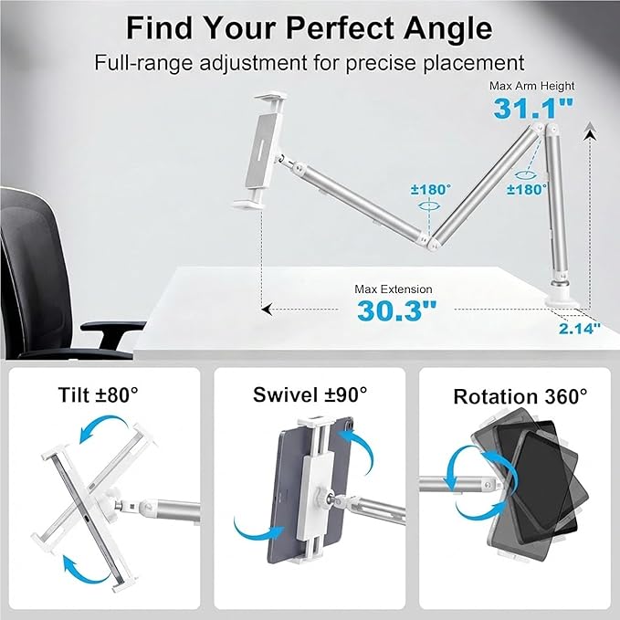 iPad Holder for Desk, Adjustable Tablet Arm iPad Desk Mount with C-Clamp, 30" Foldable Long Arm & 360° Rotation, Fits 4.7"–15.6" iPad Pro/Air/Mini, Phones & 15.6" Portable Monitors for Desk Use, White