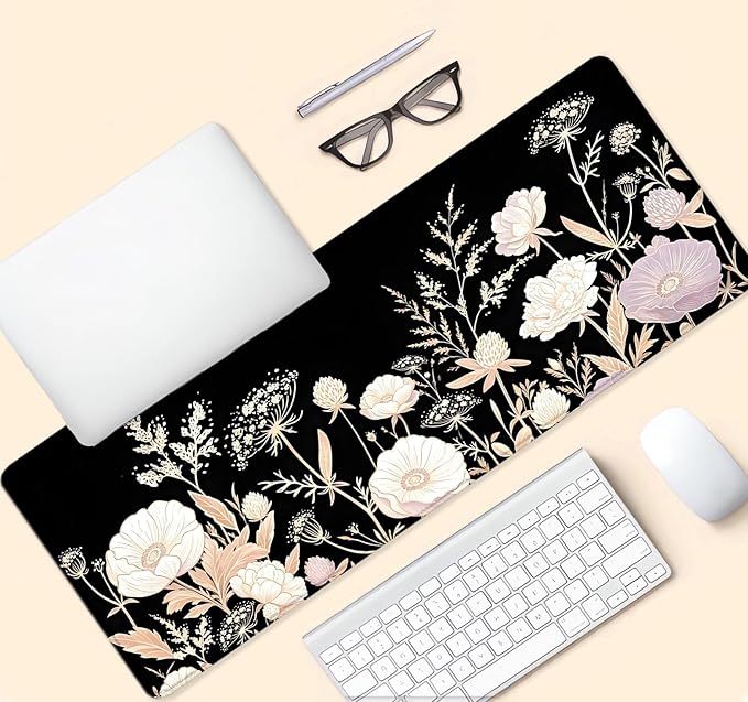 Boho Floral Large Mouse Pad, Black Aesthetic Wildflower Desk Mat, Non-Slip Extended Keyboard Pad, Retro Flower Vintage Botanical Art Mousepad for Women Home, Office, Gaming, 31.5x11.8 Inch