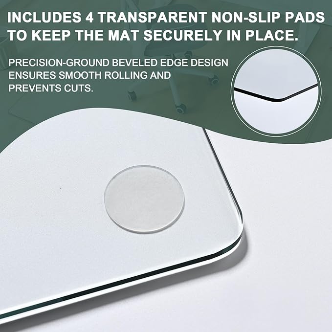 Tempered Glass Chair Mat 60" x 48" - 1/5" Thick, Heavy Duty, Anti-Slip Pads, for Office Chairs on Carpet or Hard Floorr with 4 Anti-Slip Pads, Rolling Glass Chair Mat