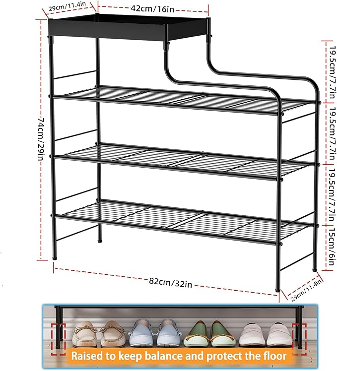 4 Tier Free Standing Shoe Racks with Storage Box, Metal Shoe Organizer for Closet with Sturdy Wire Grid, Large Capacity Shoe Rack Organizer for Entryway Corridor Living Room Balcony Bedroom, Black