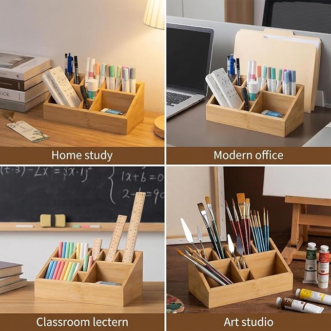 Bamboo Small Art Supply Organizer, Pen Holder Multifunctional Organizer Office Accessory Storage, Desk Organizer for Colored Pencil, Crayon, Paint Brushes, Makeup Organizer