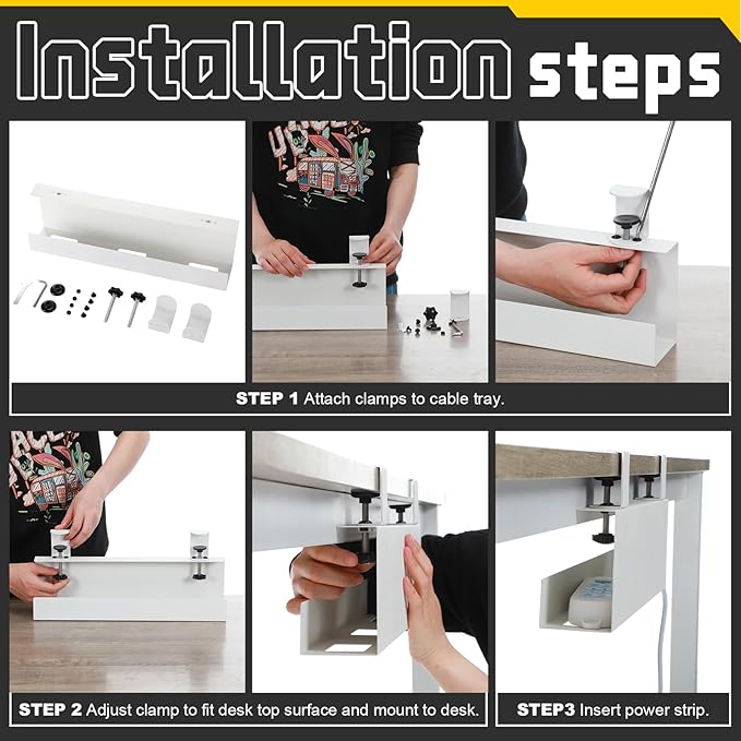 16×5×3 Inch No Drill Clamp-on Power Strip Cable Management Tray Under Standing Desk Steel Cable Organizer Wire Cord Tamer for Office, Home, Garage(White)