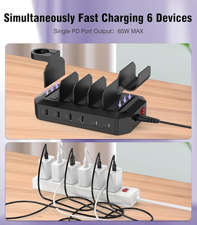 95W Fast Charging Station for Multiple Devices【Patent & Safety Certs】 6-Port USB Charging Dock with 2 PD Ports Compatible with Cellphones/iPad/MacBook/Kindle/Tablets (8 Mix Cables & 2 Stands Included)