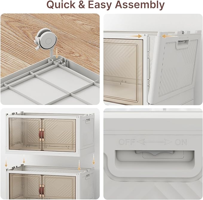 UAMFURI Stackable Storage Bins with Lids, 288QT Closet Organizers, Lockable Storage Cabinet，Foldable Storage Box with Doors and Wheels, Plastic Drawers for Home, Garage, Office (6, White, Medium)