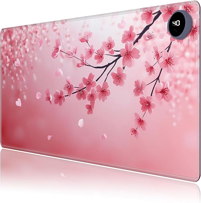Heated Mouse Pad,Warm Desk Pad with 3 Levels Heating & 3 Hours Auto Shut-Off, PU Leather Heated Desk Pad Warmer Pad for Home Office - 23.6 x 14.2 inch,Cherry Blossoms