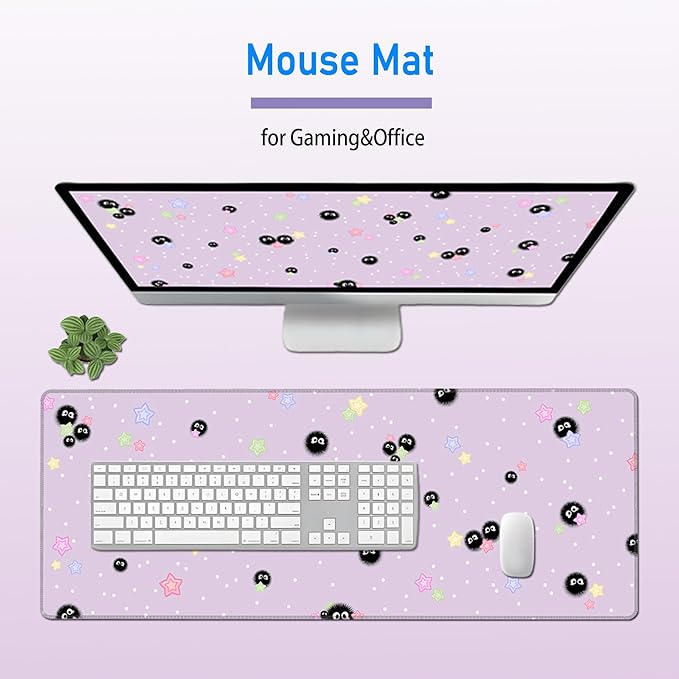 Cute Purple Mouse Pad,Large Kawaii Gaming Desk Mat(80x30cm),Star Sea Urchin Anime Lilac Decor Mousepad for Girls Women,Pastel Lavender Extended Girly Deskmat with Stitched Edges,31.5x12in