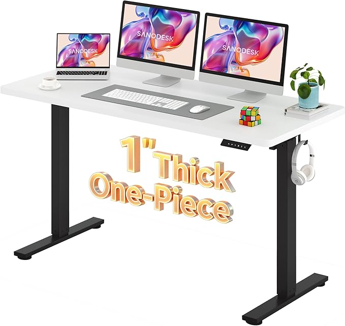 SANODESK Electric Standing Desk 60 x 24 Inches Whole-Piece Desktop Height Adjustable Stand Up Desk w/6-Button Controller Ergonomic Computer Desk for Home Office, Black Frame + White Tabletop