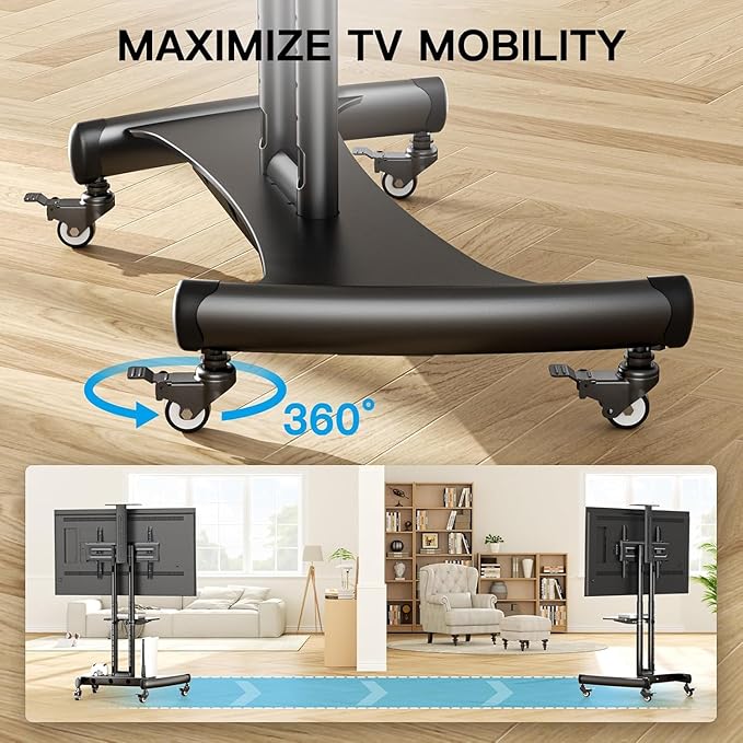 PERLESMITH Rolling TV Stand with Wheels for 32-85 Inch LCD LED 4K Flat Screen TVs, Tilt Mobile TV Cart with Shelf Holds Up to 100 lbs, Height Adjustable Floor TV Stand Max VESA 600x400mm- PSTVMC05
