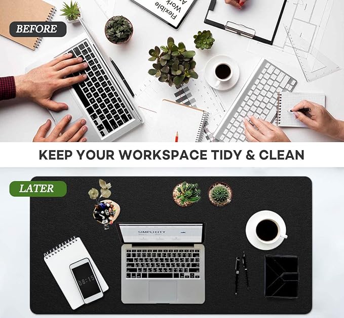 PVC Leather Desk Pad Blotter Ultra Thin Large Mouse Pad Waterproof Laptop Writing Mat Non-Slip Desk Cover Protector (Black, 16" x 32")