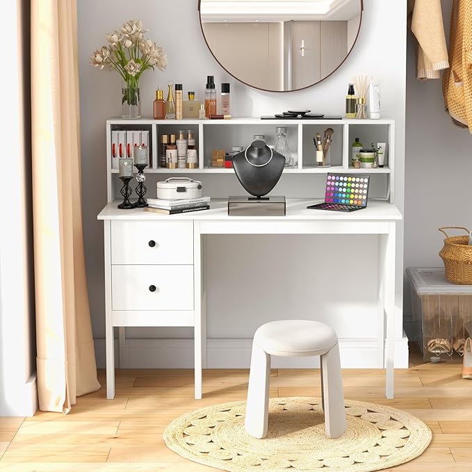 Giantex White Desk with Drawers & Hutch, Home Office Desk with Charging Station, 5 Storage Cubbies, Makeup Vanity Table, Modern Study Writing Desk, PC Laptop Desks, Computer Workstation for Bedroom