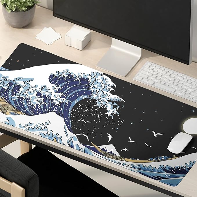 Kanagawa Surfing and Black Mouse Pad, Large Gaming Mouse Pad,Japanese Wave Desk Mat,Laptop Mousepad Non-Slip Rubber Desk Pad Keyboard Waterproof for Computer Desk Mat 11.8x31.5 in