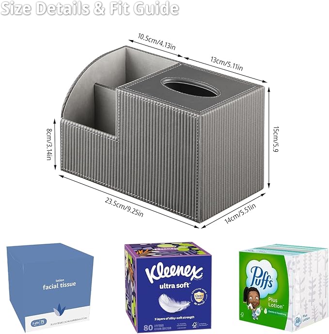 Square Tissue Box Cover with Storage, PU Leather Cube Tissue Box Holder, Remote Control Nightstand Organizer, Modern Desk Caddy for End Table, Bathroom, Bedroom, Home, Office Decor