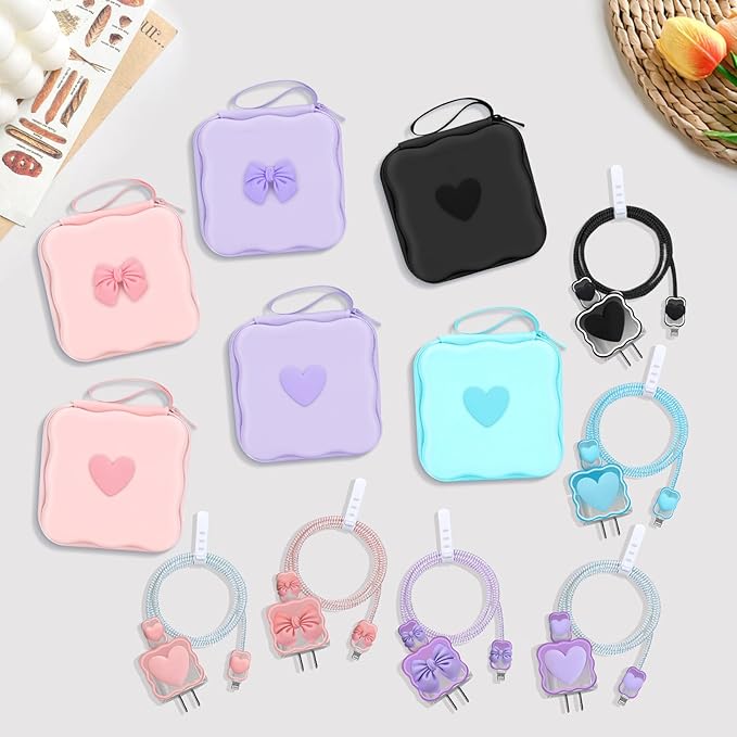 CameCosy DIY Phone Charger Storage Case Cover Sets for iPhone with Cable Protector Earphone Wire Saver, Lovely Travel Storage Bag, Cute Cable Charger Protector Cord Organizer (Pink Bow Tie)