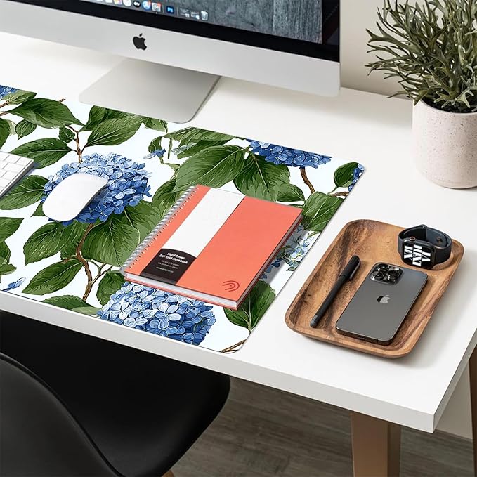 Blue Flower Mouse Pad PU Leather Green Leaves Desk Mat Large Waterproof Gaming Pad Non-Slip Keyboard Mouse Pad Writing Pad for Gamer Office&Home