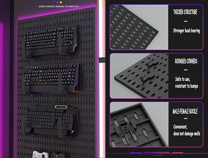 12 * 12in Pegboard Set, DIY Pegboard Combo Kit, Wall-Mounted Storage Organizer, Includes 4 pegboards and 18 Accessories, Suitable for Office, Gaming Room, Kitchen, and Decorative Display (Black)
