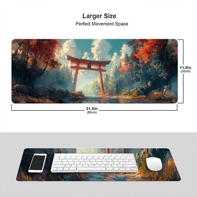 Japanese Torii Anime Desk Mat Cartoon Forest Ancient Clouds Red Mousepad XL Large Gaming Mouse Pad Laptop Keyboard Mat Desk Pad 31.5"x11.8" Office Computer Keyboard Laptop Home