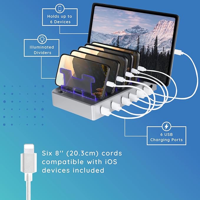 Charging Station for Multiple Devices – 6-Port USB Charging Dock for Apple & Android – Fast Multi-Charger Organizer for Phones, Tablets & More (Silver)