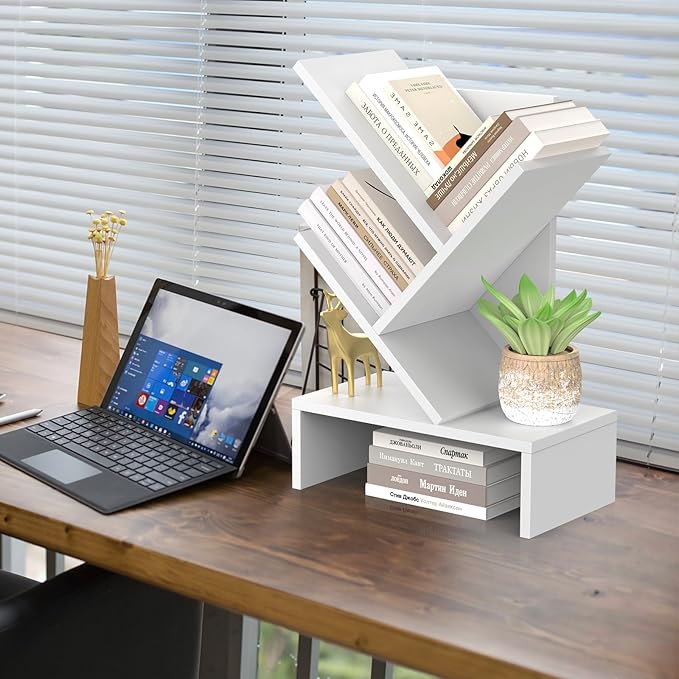 Godferyxin Small Bookshelf with Drawer – Compact Book Holder for Small Spaces, White Small Bookcase for Office, CDs, and Decorative Items, Fits Bedroom Desk Bookshelf Tree