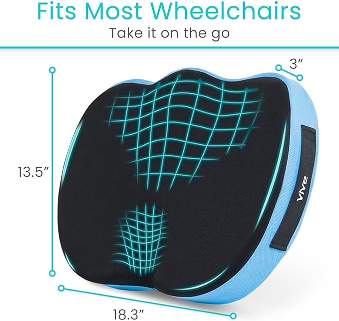 Vive Tailbone Pain Relief Cushion - Memory Foam Seat Pillow for Wheelchairs - for Sciatica, Coccyx, Back Pain, Pressure Relief - Comfort for Long Sitting - Elderly Chair Cushion for Support