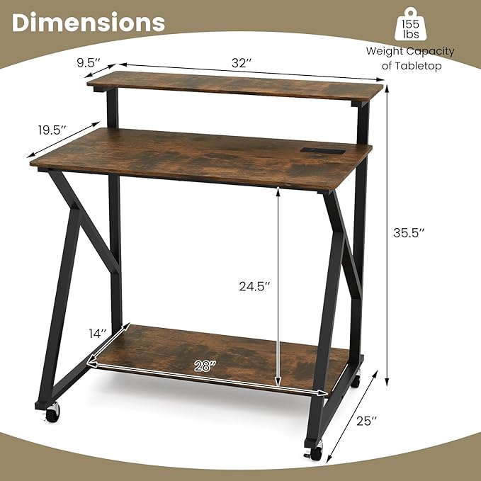 Tangkula Rolling Computer Desk Cart with Power Outlets, 32" Mobile Portable Laptop PC Desk with Monitor Stand, CPU Stand & Storage Shelf, Compact Small Desk on Wheels for Small Space (Rustic Brown)