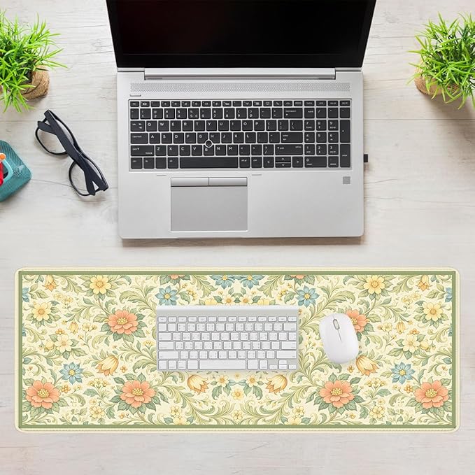 Vintage Floral Mouse Pad Green Botanical Cottage Garden Extended Mousepad Waterproof Stitched Edges Rubber Base Non-Slip Deskmap Computer Keyboard Mat 31.5x11.8 Inch