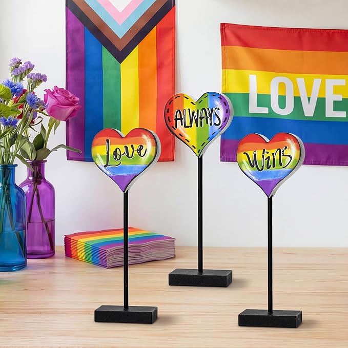 Smile LGBTQ+ Pride Wooden Tabletop Sign Love Always Wins Rainbow Heart Desktop Plaque with Stands Indoor Decor for Pride Month, Home & Office Gay Pride Gift