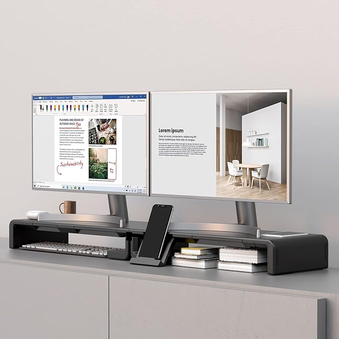 Klearlook Computer Monitor Stand for Desk, Adjustable Foldable Monitor Riser with Storage Drawer & Tablet Phone Holder for Office, Home, Laptop, Desktop (Black 2 Pack)