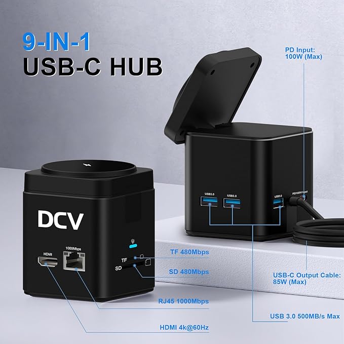 USB C Laptop Docking Station with MagSafe Charger Stand, 9 in 1 USB C Hub Multiport Adapter with 4K HDMI, 1Gbps Ethernet, 3 USB 3.0, SD/TF, Compatible with MacBook/Dell/HP/Lenovo/iPhone (Black)