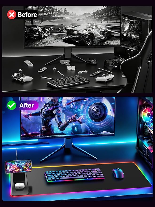 4-in-1 RGB Gaming Mouse Pad with Magnetic Wireless Charging & Phone Stand, 31.5"x15.8" Large, 24 Light Effects, Non-Slip Base, Waterproof Ultra-Smooth Surface, No Adatper