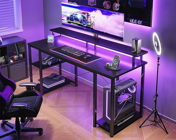 ODK 55 inch Gaming Desk with LED Lights & Power Outlets, Computer Desk with Monitor Stand & Storage Shelves, CPU Stand, Home Office Desk, Black