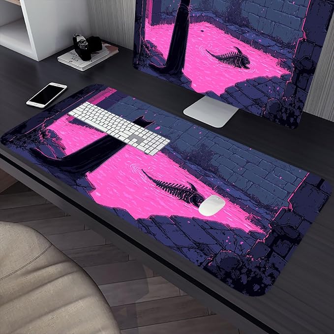 Black Cat Gaming Mouse Pad Purple Magic Castle Dungeon Fishbone Mousepad XL Large Gaming Mouse Pad Laptop Keyboard Mat Desk Pad 31.5"x11.8" Office Home Decor for Women Girl