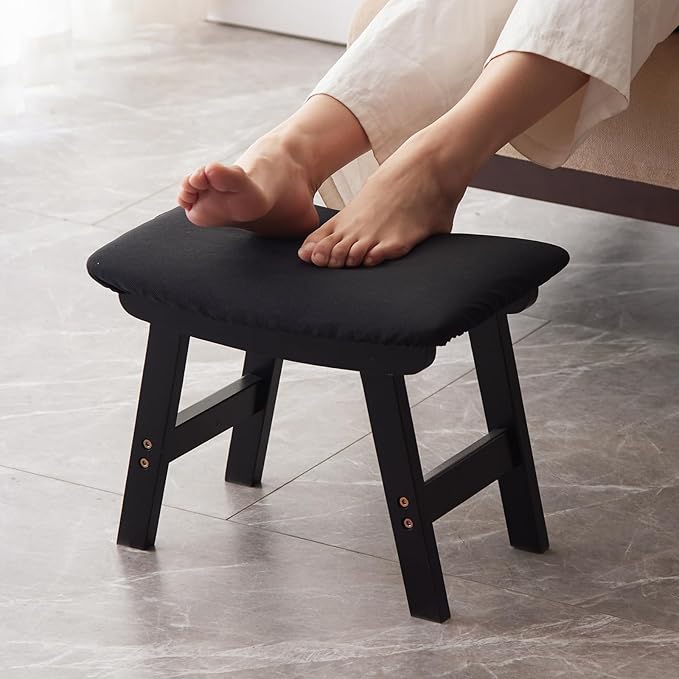 Kitsanery Foot Stool,Ottoman,Bamboo Small Sofa Foot Rest Under Desk,Extra Seating for Living Room, Bedroom and Kitchen (Black Stool Legs - Black Surface)