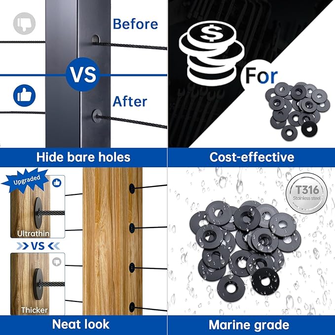 Muzata 20 Pack Black Cable Railing Adhesive Sleeves for 1/8" 5/32" Wire Rope T316 Stainless Steel Adhesive Grommet Protector Sleeves Cable Railing Hardware Kit Wood Metal Posts CR66