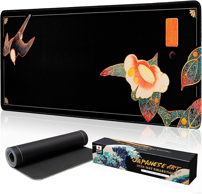 BELLEMOND Japanese Art Desk Mat | Large 31.5x11.8in Anime Mouse Pad for Keyboard & Mouse | Non-Slip Base, Water-Repellent | Original Japanese Design | Camellia Silence