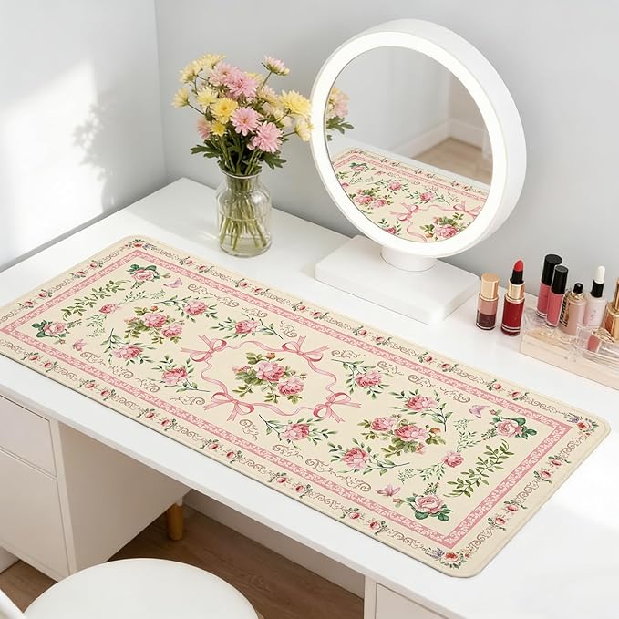 Beige Floral Boho Mouse Pad Large 35.4×15.7 Aesthetic Girly Desk Mat for Women Girls,Non-Slip Water-Resistant Pad for Home Office Gaming