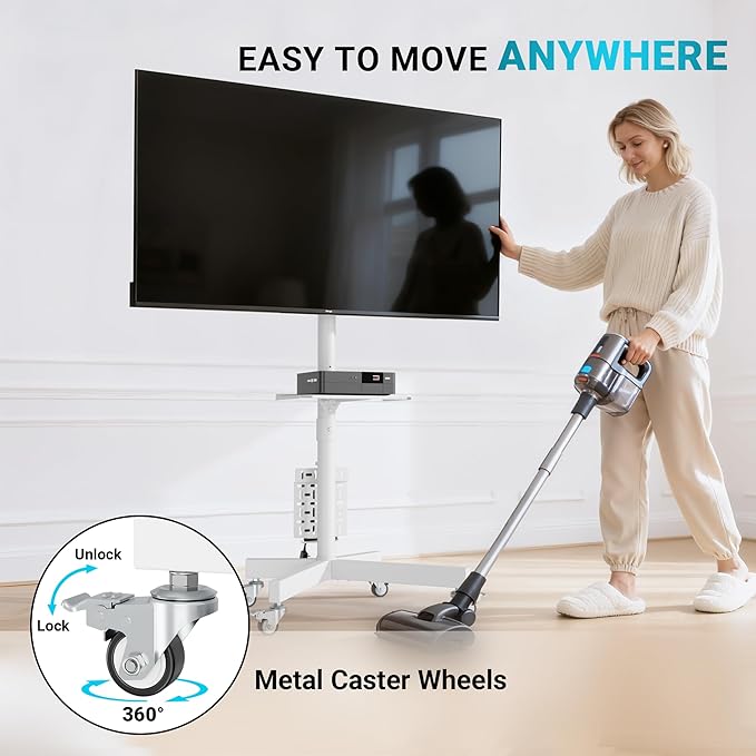 BONTEC Rolling TV Stand with Pegboard Storage for 32–65 Inch TVs, Holds, Height Adjustable Mobile TV Cart on Metal Wheels with Shelf & Cable Management,Holds up to 88 lbs, Max VESA 400x400mm, White