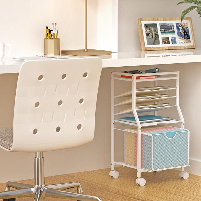 BOHDK Rolling File Cart, 6-Tier Desk File Organizer on Lockable Wheels, White Wood Planks & Mesh Sliding Hanging Folder Drawer, Organization Cart for Office Home School