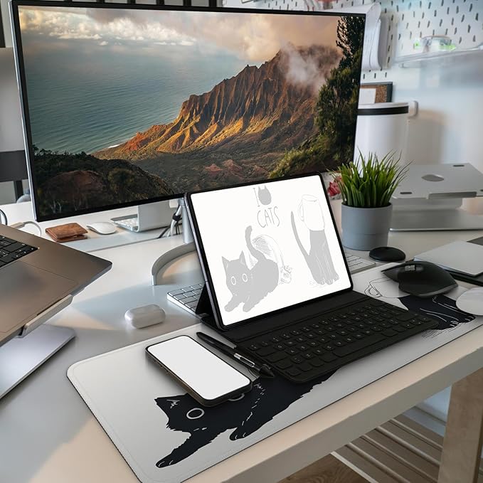 MAY FLOWER Gaming Mouse pad, Large Laptop Mousepad, Full Keyboard Mat, Long Computer Mouse Mat for Home and Office, Anti-Slip Rubber Base, 31.5 x 11.8 Inches (Black Cats)