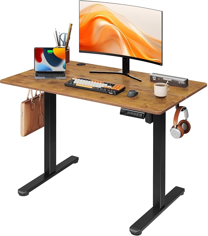 DEVAISE 40 Inch Electric Standing Desk, Adjustable Computer Desk for Home Office, Ergonomic Sit to Stand Desk with LED Touchscreen，Headphone Hook, 3 Memory Preset, with Split Top, Rustic Brown