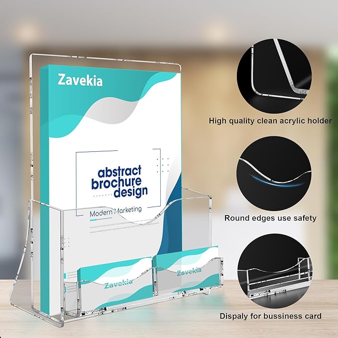 zavekia 2 Pack Acrylic Brochure Holder With business card holder, 8.5 x 11 inches Clear Acrylic Literature Holder Plastic Flyer Display Stand
