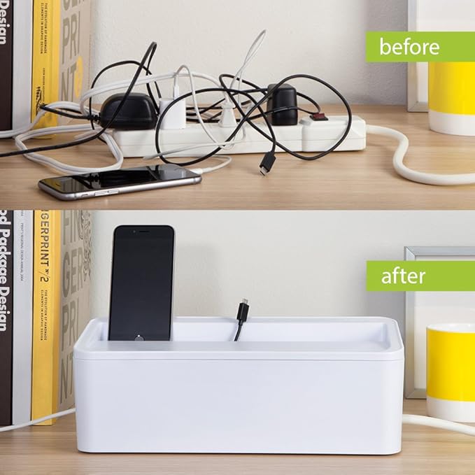 in-Box Desktop Mobile Charging Station & Power Strip Organizing Box, White