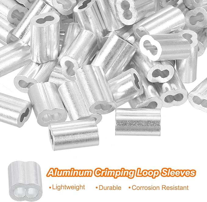 uxcell 100Pcs Aluminum Crimping Loop Sleeve for 1/16" Diameter Wire Rope, Double Ferrule Aluminum Wire Rope Sleeve for Cable Line End