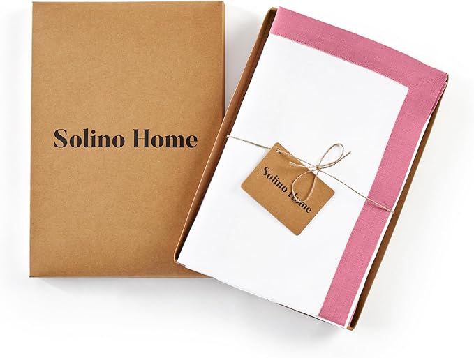 Solino Home Linen Cloth Napkins Set of 4-100% Pure Linen Pink Carnation and White Dinner Napkins 20 x 20 Inch for Spring, Summer - Classic, Handcrafted and Machine Washable