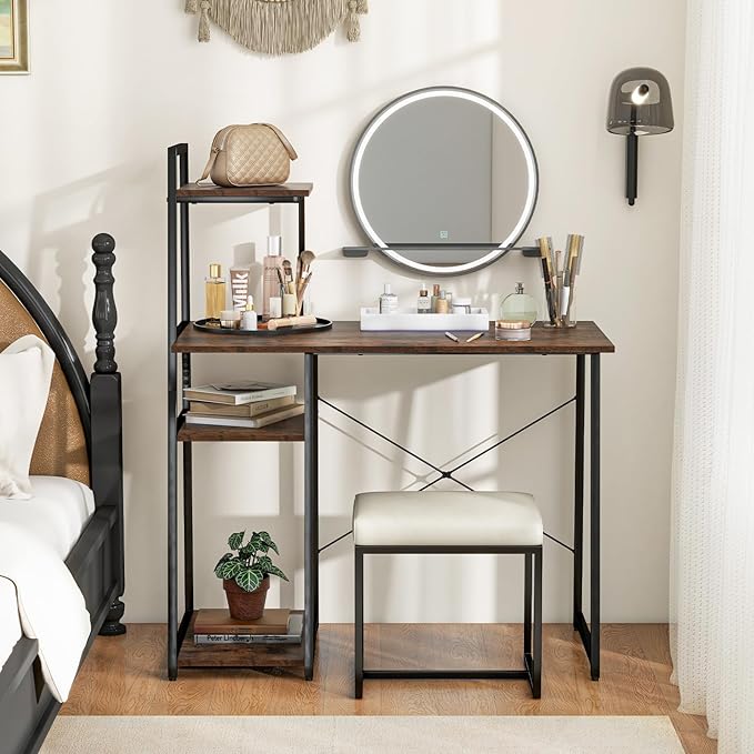 Tangkula Computer Desk with Shelves, Space Saving Home Office Desk with 3-Tier Ladder Shaped Storage Bookshelf, Modern Writing Study Desk with Metal Frame, Compact Computer Workstation (Rustic Brown)