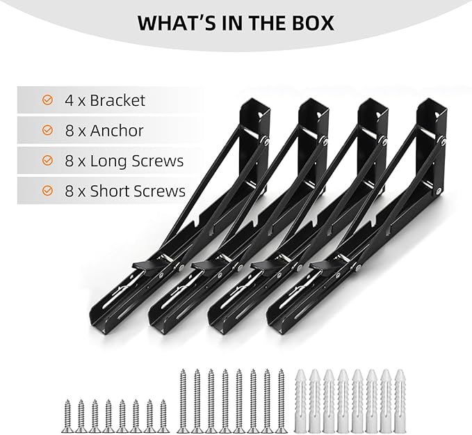 Folding Shelf Brackets 8 inch Foldable Shelf Bracket Heavy Duty Collapsible Shelf Brackets DIY Wall Mounted Fold Down Table Bracket Space-Saving for Benches Workstation (4PC, Max.Load 133 lbs)