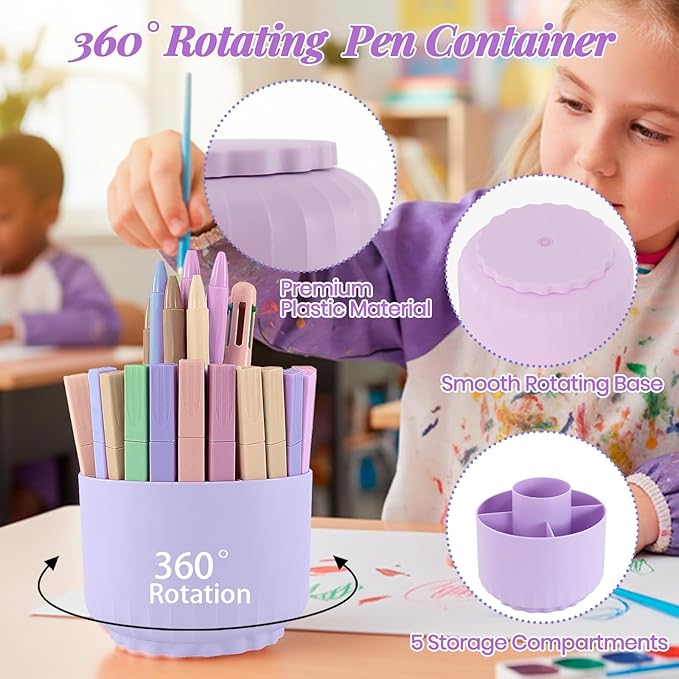 Purple Desk Accessories, 11Pcs Desk Organizer with 360°Rotating Pen Holder, Stapler, Staples, Staple Remover, Pen, Ruler, Tape Dispenser, Tape, Clips, Scissor, Notes, Office Supplies