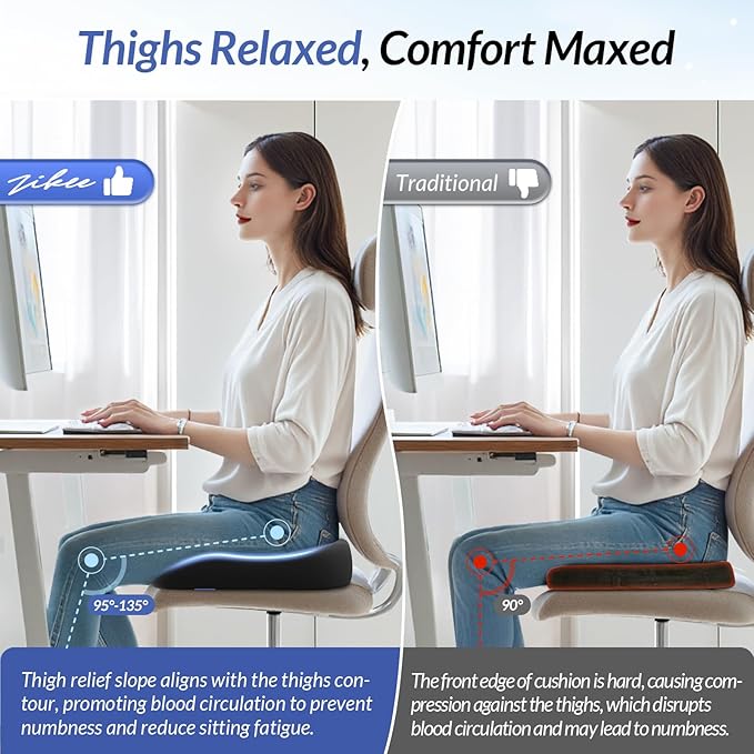 ZIKEE Ergonomic Seat Cushion with Thigh Relief Slope, High-Density Memory Foam Office Chair Cushions with U-Shaped Back for Tailbone, Sciatica Pain Relief, Suitable for Car Seat, Airplane, Bleacher