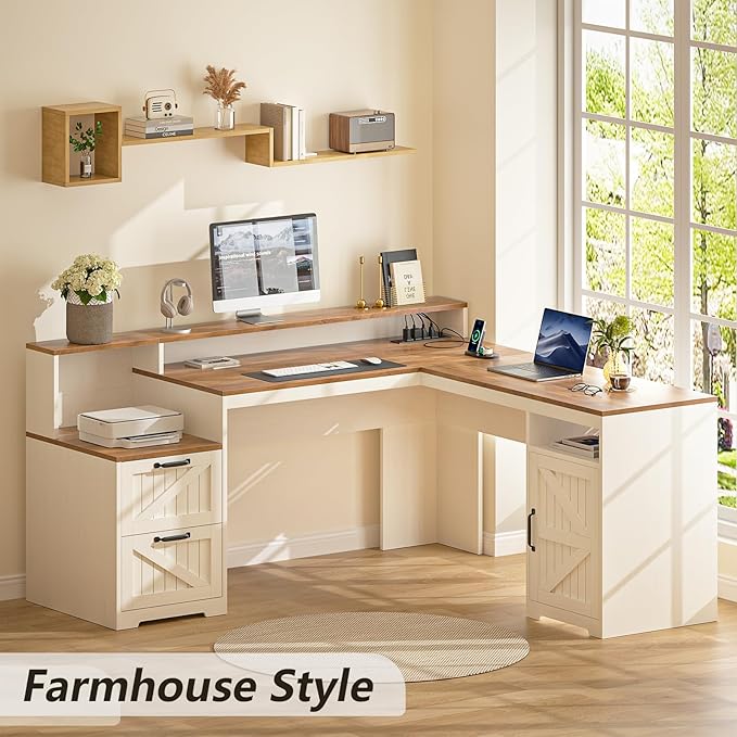 YOMILUVE 63" Farmhouse L Shaped Executive Desk with Drawers & Storage Shelf, Corner Computer Desk with Power Outlets, L Shaped Office Desk with Monitor Stand, Printer Shelf, Antique White