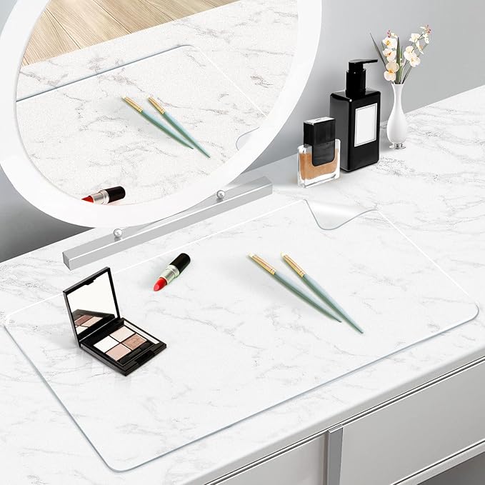 Makeup Mat for Vanity Top 31.5 x 15.7in, PVC Desk Mat - Easy to Clean, Waterproof & Oilproof Vanity Accessories - Clear